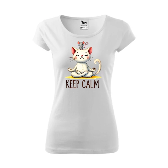 Yoga Cat - Keep Calm Fehér Szűkített Női Póló