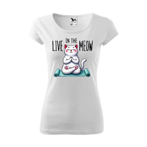Yoga Cat - Live In The Meow Fehér Szűkített Női Póló
